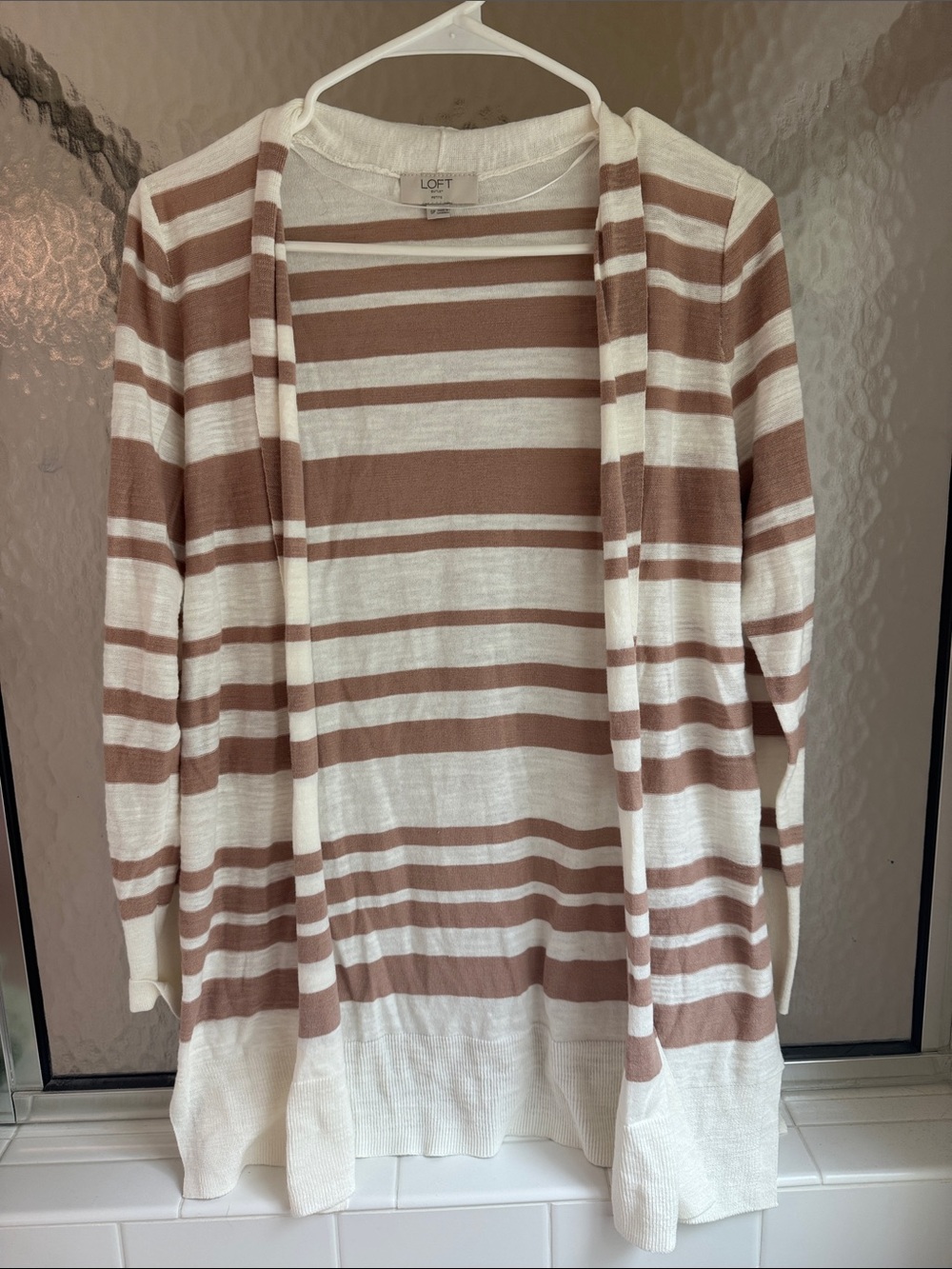 LOFT Cream and Brown Striped Open-Front Cardigan